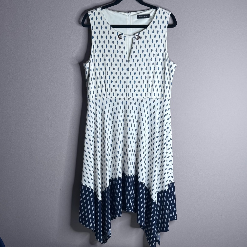 Ivanka Trump White and Navy Sleeveless Handkerchief Hem Midi Dress Sz XL